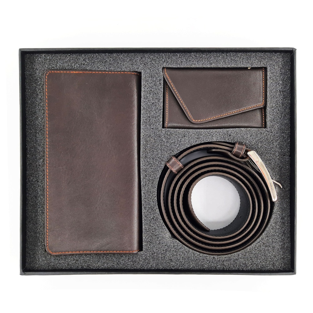 ست هدیه چرم طبیعی قهوه ای تیره سه تکه کیف پول، جاکلیدی و کمربند مدل set-m1