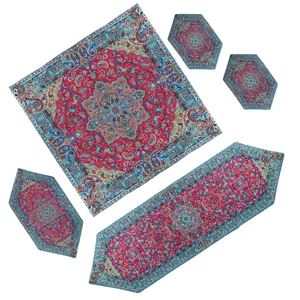 ست 5 تکه رومیزی ترمه حسینی طرح شاهکار قرمز