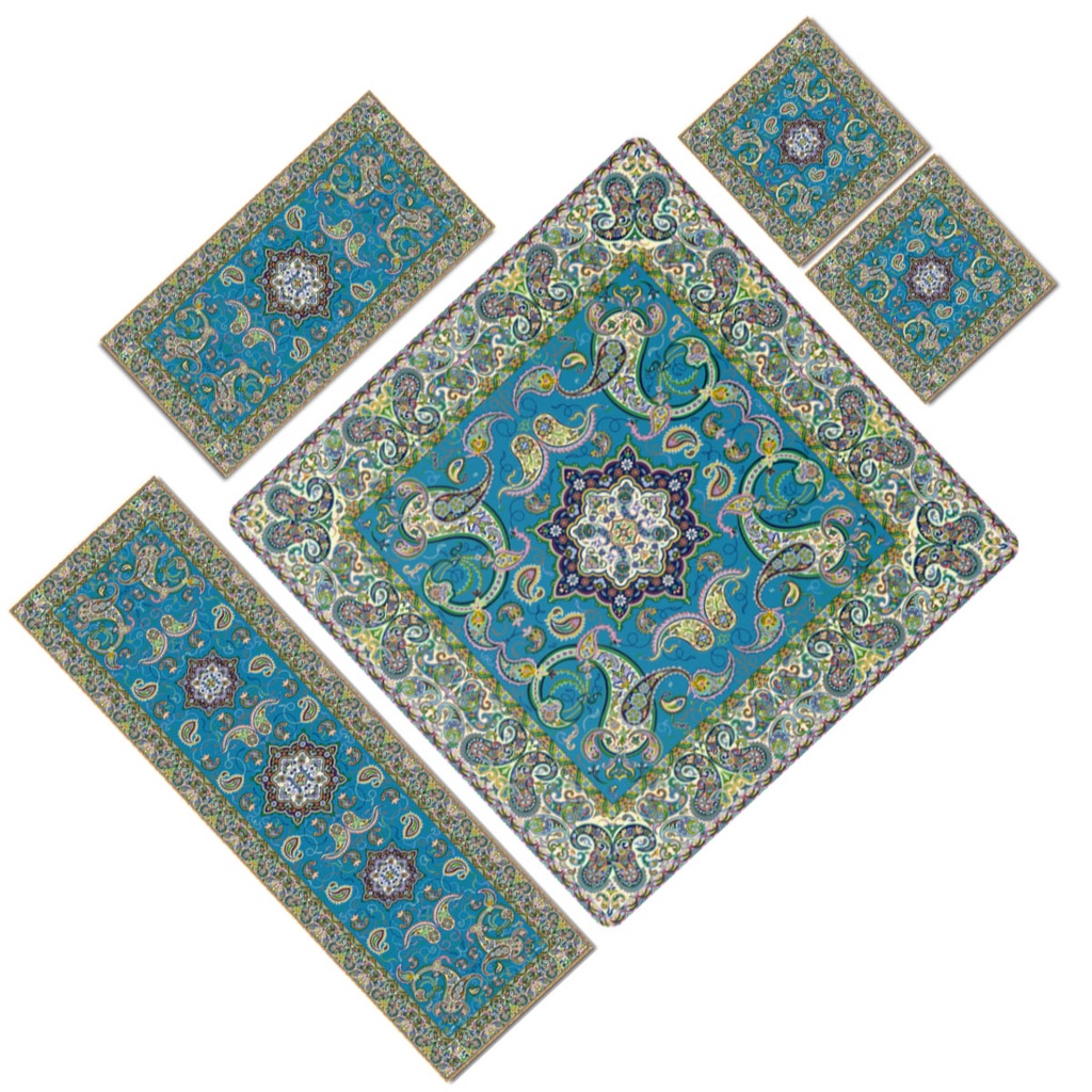 ست 5 تکه رومیزی ترمه حسینی مدل شاهکار آبی
