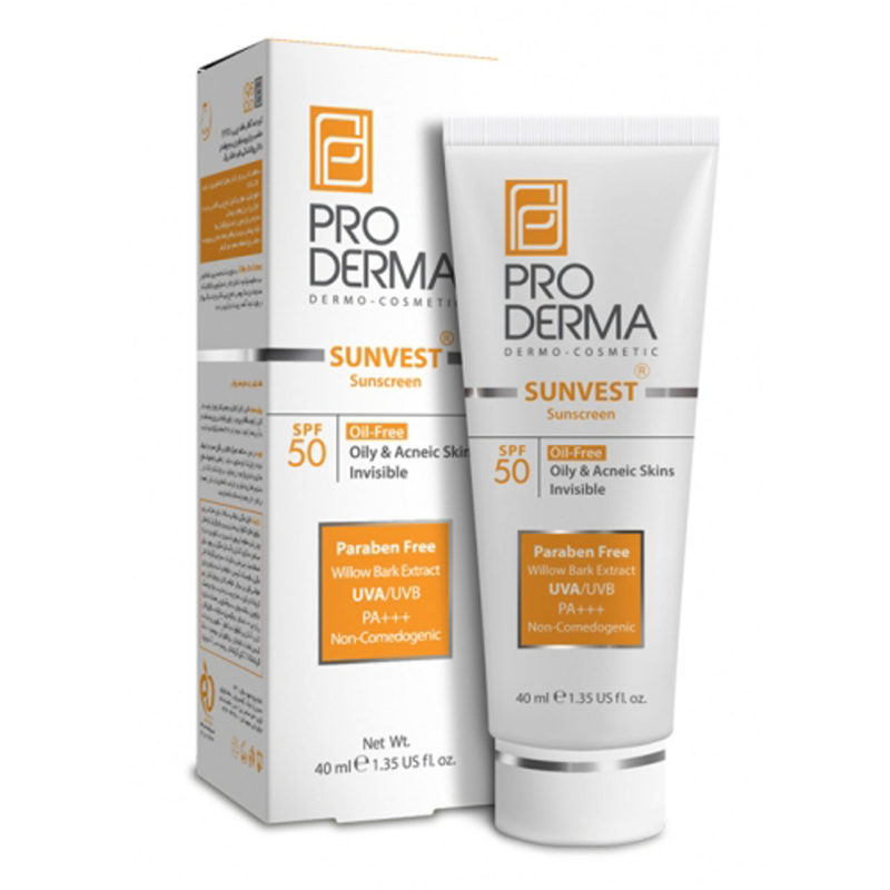 کرم ضد آفتاب بی‌رنگ فاقد چربی پرودرما SPF50 مناسب پوست‌چرب و جوشدار 40میل 