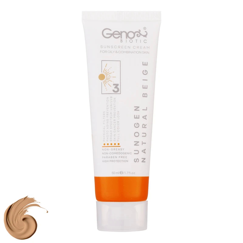 کرم ضدآفتاب رنگی ژنوبایوتیک SPF50 مدل 3 پوست چرب و مختلط حجم 50 میل-بژ طبیعی