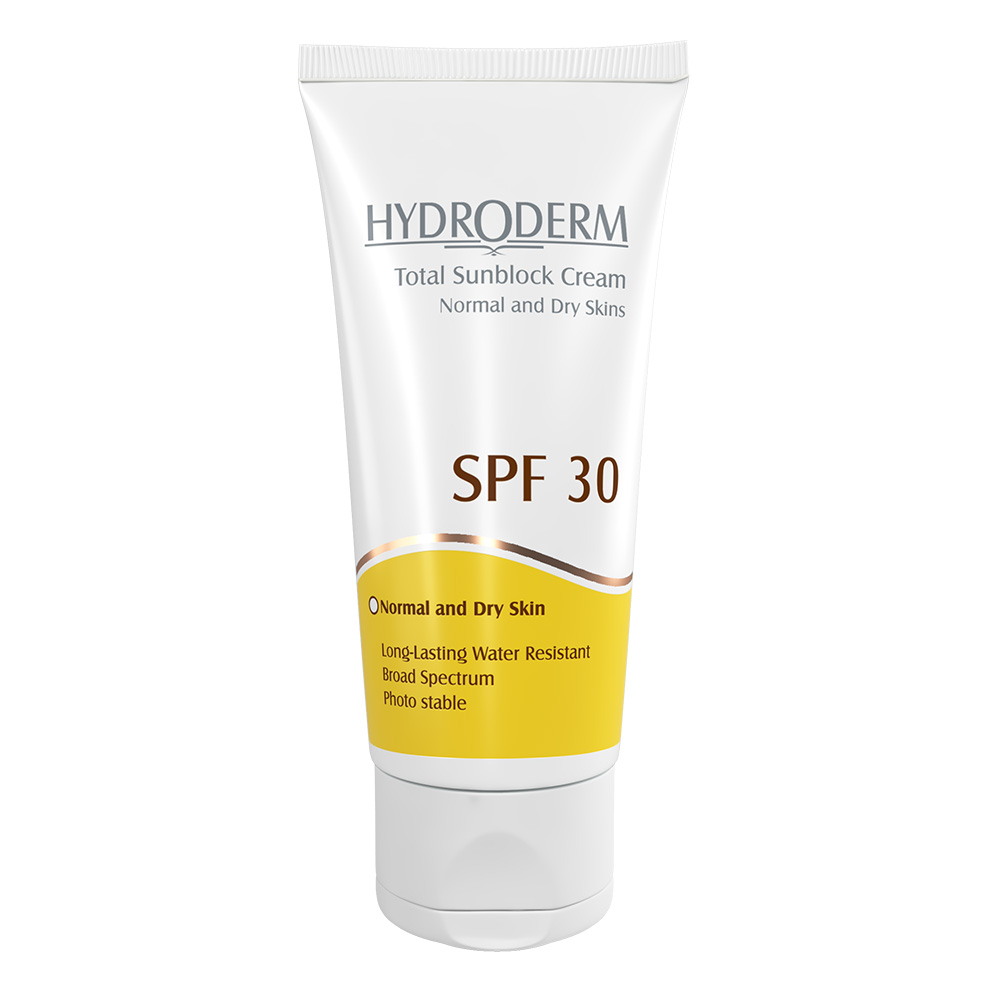 كرم ضد آفتاب بی‌رنگ هیدرودرم SPF30 پوست‌خشک و معمولی 50میل