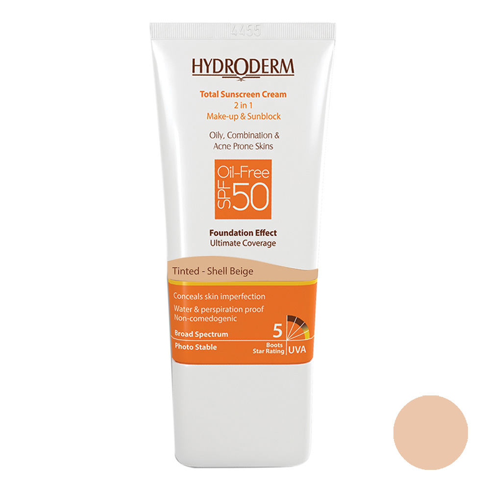 کرم ضدآفتاب رنگی هیدرودرم SPF50 پوست‌چرب ، مختلط و آکنه‌ای 40میل – بژ صدفی