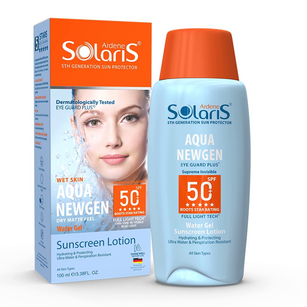 ضد آفتاب آبرسان بی‌رنگ +SPF 50 آردن سولاریس Aqua NEWGEN انواع‌پوست 100میل