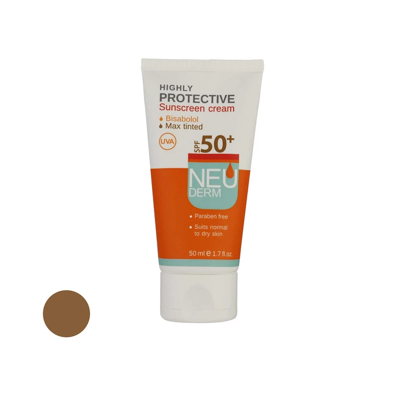 کرم ضد آفتاب رنگی نئودرم +SPF50 مدل Highly Protective مناسب پوست های نرمال تا خشک حجم 50 میلی لیتر - بژ تیره