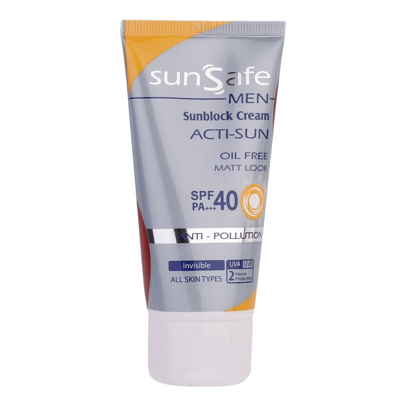 کرم ضد آفتاب بی‌رنگ آقایان SPF40 سان سیف مناسب انواع‌پوست 50میل