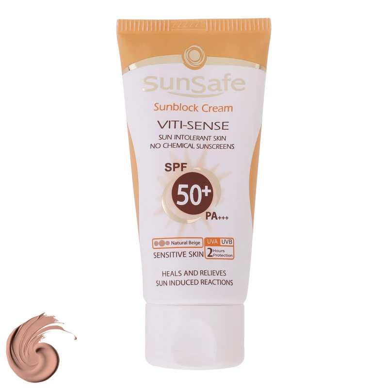 کرم ضد آفتاب رنگی SPF50 فاقد جاذبهای شیمیایی سان سیف مدل Viti-Sens ‌مناسب پوست‌‌حساس 50میل-بژ طبیعی