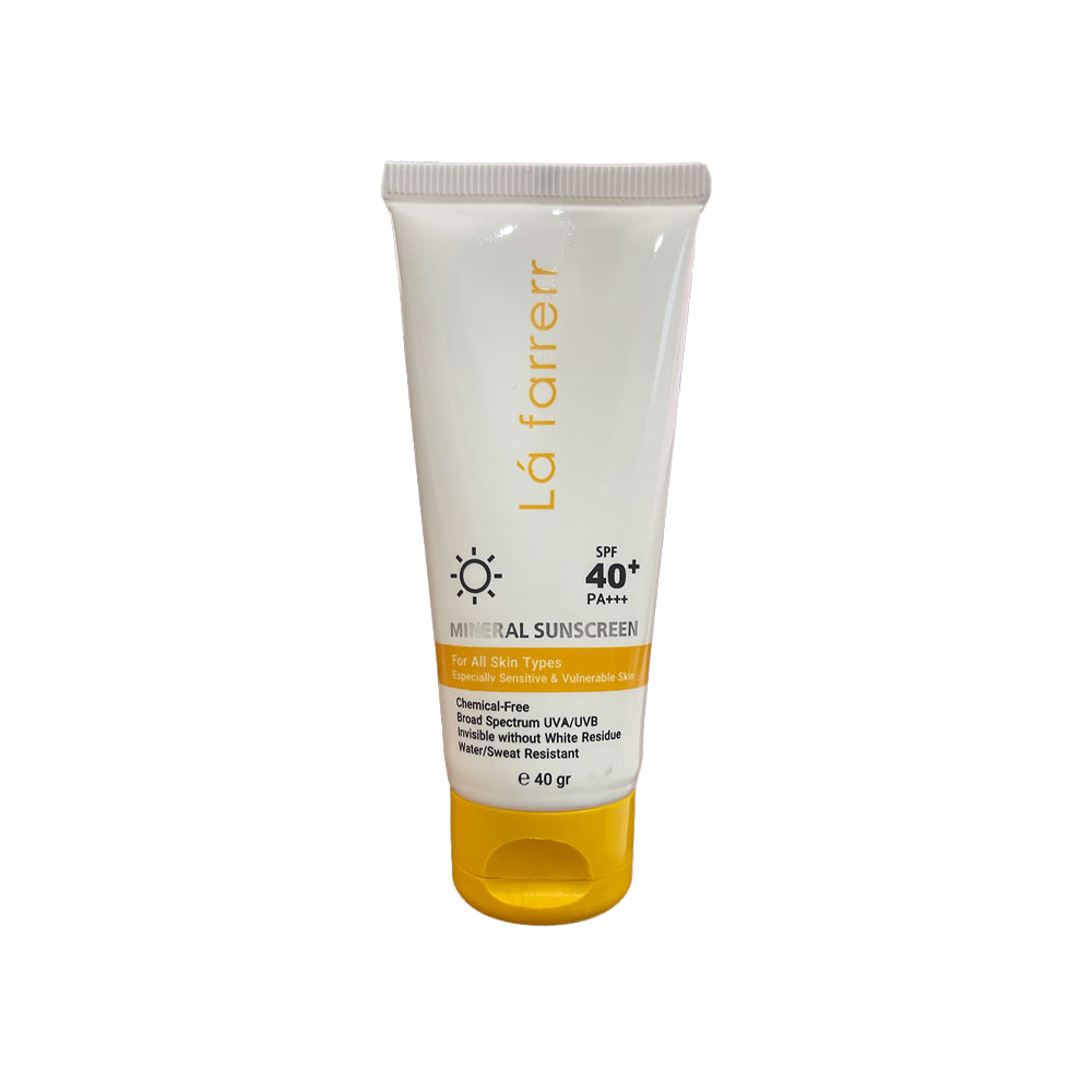  کرم ضدآفتاب بی رنگ لافارر با Spf40 مینرال انواع پوست به ویژه پوست حساس 40 گرم