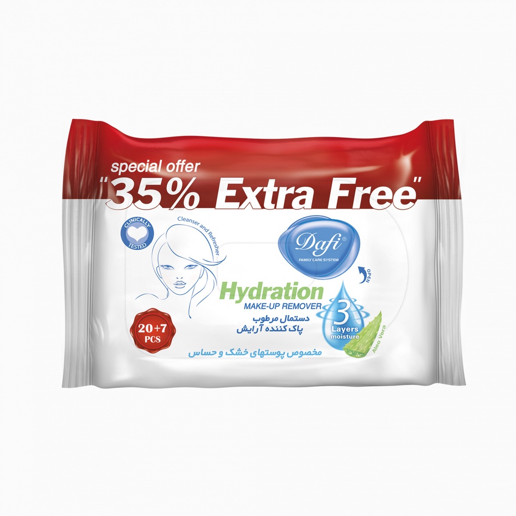  دستمال مرطوب پاک کننده آرایش دافی مدل اکسترا مناسب پوست خشک و حساس بسته 27 عددی 