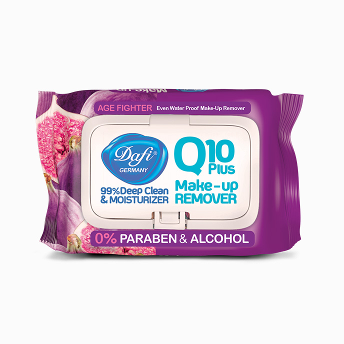  دستمال مرطوب پاک کننده آرایش دافی مدل Q10 (طرح میوه انجیر) مناسب پوست‌های نرمال تا خشک بسته 50 عددی 