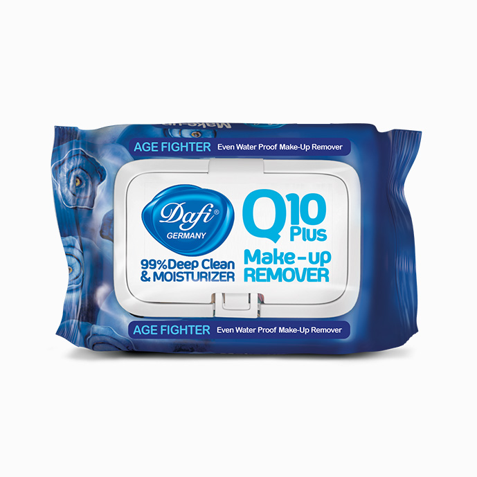 دستمال مرطوب پاک کننده آرایش دافی مدل Q10 (طرح میوه بلوبری) مناسب پوست‌های نرمال تا خشک بسته 50 عددی 
