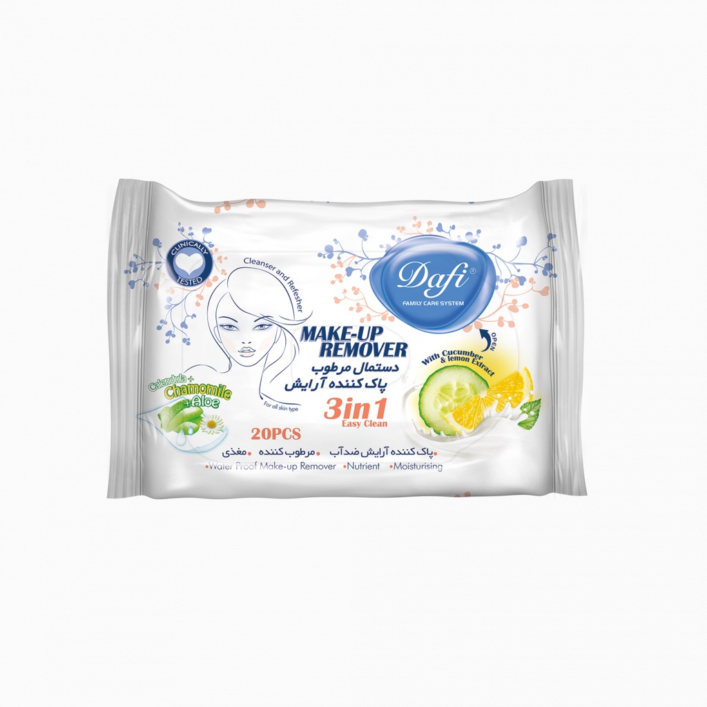 دستمال مرطوب پاک کننده آرایش دافی بسته 20 عددی 