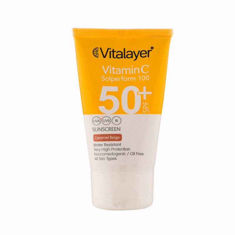 کرم ضد آفتاب رنگی ویتالیر با SPF50 دارای ویتامین C مناسب انواع پوست حجم 40 میل-بژ کارامل