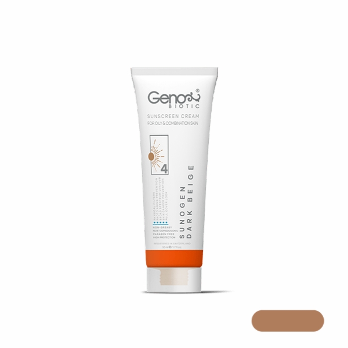 کرم ضد آفتاب رنگی ژنوبایوتیک سانوژن SPF50 مدل 4 مناسب پوست چرب و مختلط حجم 50 میل-بژ تیره
