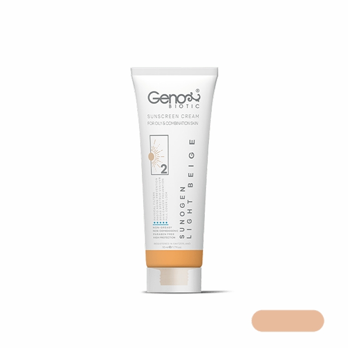کرم ضد آفتاب رنگی ژنوبایوتیک سانوژن SPF50 مدل 2 مناسب پوست چرب و مختلط حجم 50 میل-بژ روشن