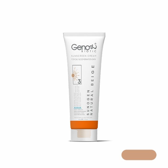 کرم ضد آفتاب رنگی ژنوبایوتیک سانوژن SPF50 مدل 3 مناسب پوست چرب و مختلط حجم 50 میل-بژ طبیعی