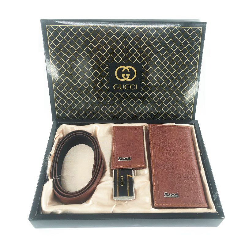 ست کیف و کمربند چرم مردانه سه تیکه مدل گوچی