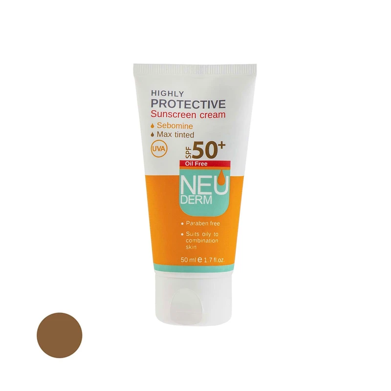 کرم ضد آفتاب رنگی نئودرم SPF 50 مدل Highly Protective Max Tinted محافظ UVA، مناسب پوست‌های چرب و مختلط حجم 50 میل - بژ تیره