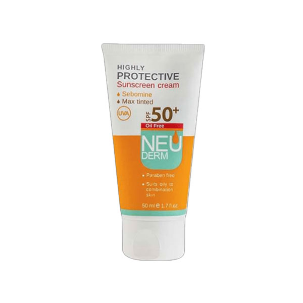 کرم ضد آفتاب نئودرم مناسب پوست چرب و مختلط باSPF50 حجم 50 میل رنگ بژ تیره