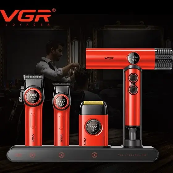 ست سشوار و ماشین اصلاح موی سر و صورت وی جی آر مدل Stepless pro مجموعه ۴ عددی - قرمز
