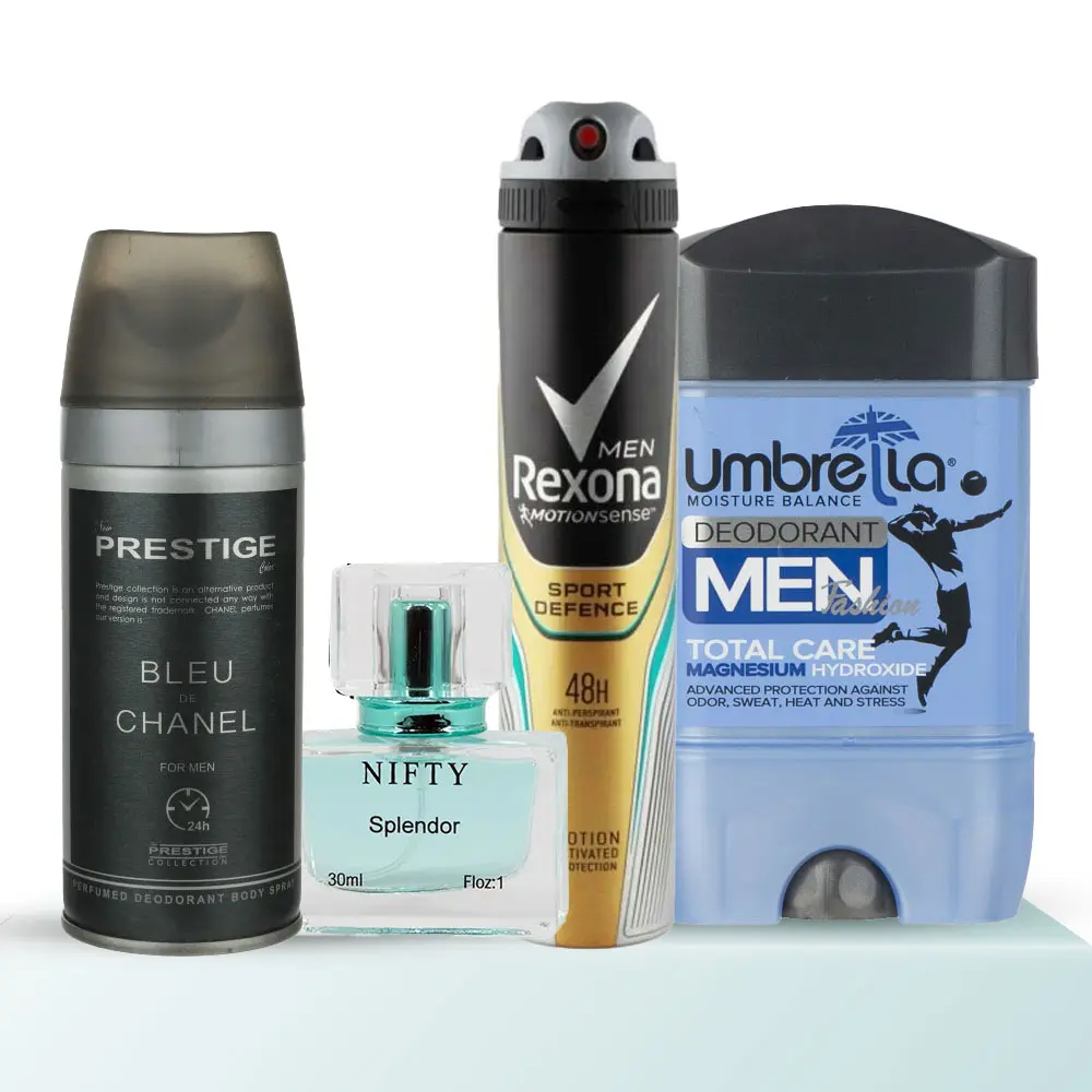 پک هدیه مردانه کد B303 - اسپری بدن رکسونا، اسپری بدن پرستیژ، ضد تعریق آمبرلا و ادکلن اسپلندور نیفتی
