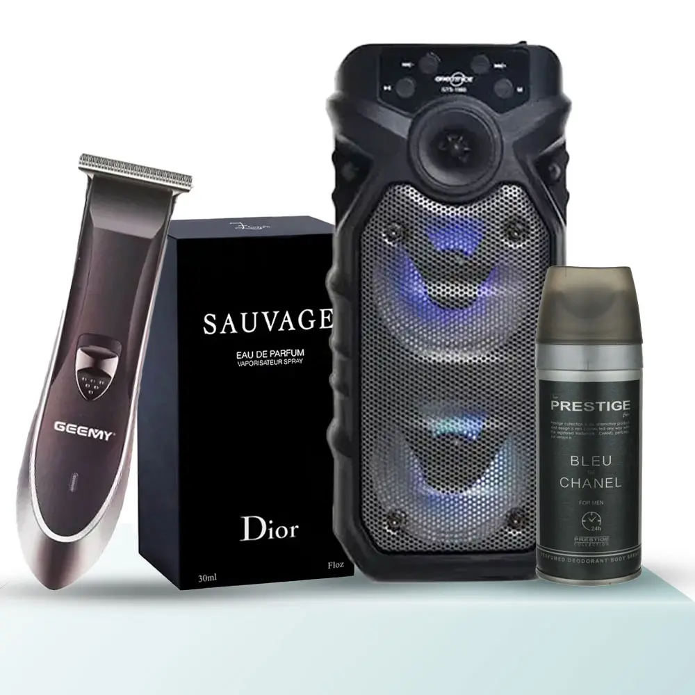 پک هدیه مردانه کد B305 - ماشین اصلاح جیمی، ادوپرفیوم نیفتی مدل ساواج، اسپیکر بلوتوثی، اسپری خوشبو کننده پرستیژ