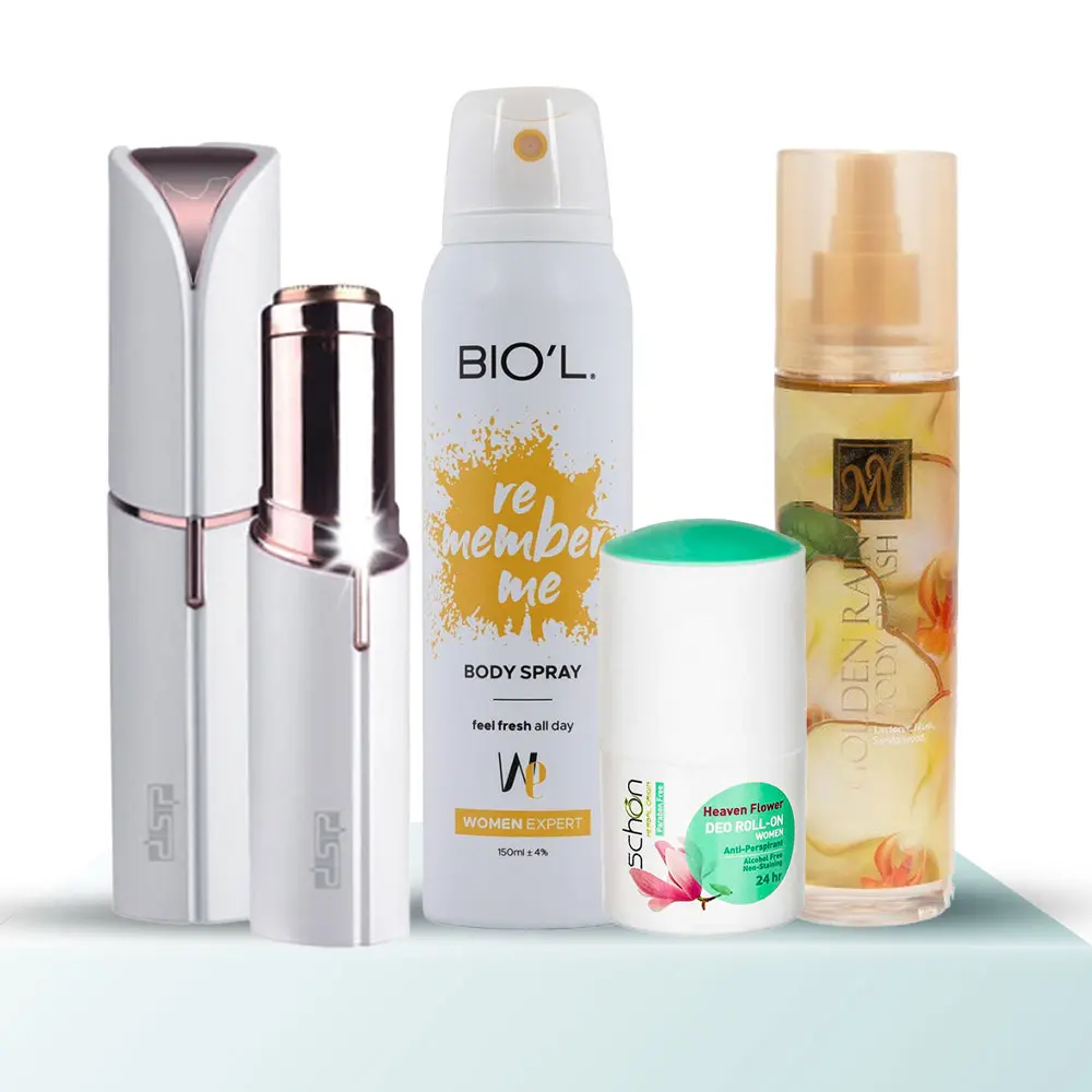 پک هدیه زنانه کد B-105 - ماشین اصلاح بانوان dsp، اسپری خوشبوکننده بیول، بادی اسپلش زنانه مای، دئودورانت زنانه شون- مجموعه 4 عددی