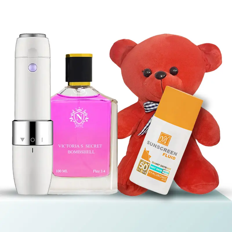 پک هدیه زنانه کد V101 - ماشین اصلاح، ادکلن، ضد آفتاب و عروسک خرس قرمز