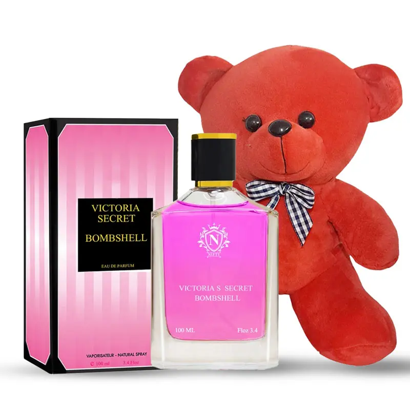 پک هدیه کد زنانه کد V102 - ادوپرفیوم زنانه نیفتی مدل ویکتوریا سکرت بامب شل حجم 100 میل و خرس قرمز کوچک