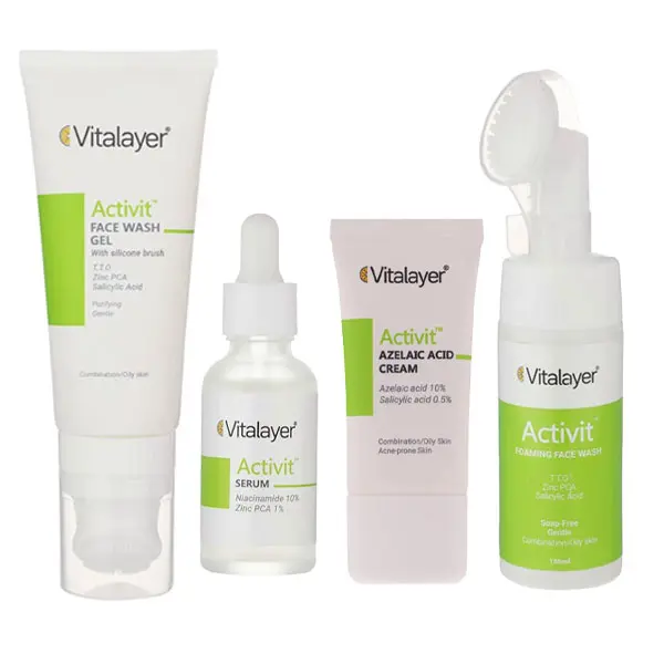 پک مراقبت پوست چرب برند ویتالیر - شوینده صورت،شوینده فومی، سرم نیاسینامید و کرم ازلائیک