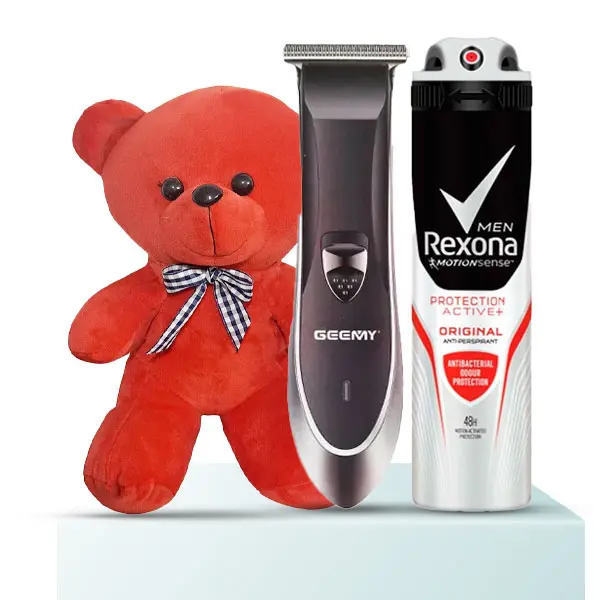 پک هدیه مردانه کد V310 - ماشین اصلاح جیمی 8064، اسپری رکسونا اکتیو پروتکشن و خرس قرمز کوچک