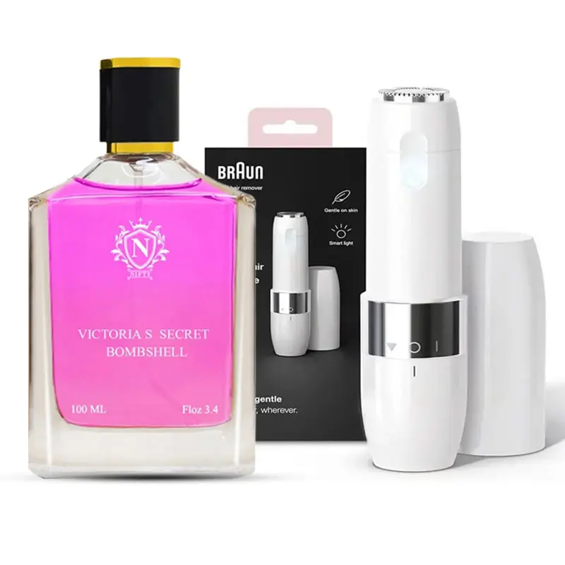 پک هدیه زنانه V029- ماشین اصلاح بانوان طرح براون و ادوپرفیوم زنانه نیفتی مدل ویکتوریا سکرت بامب شل حجم 100 میل