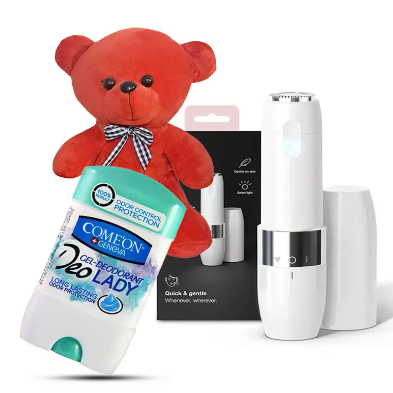 پک هدیه زنانه V049- ماشین اصلاح بانوان طرح براون، دئودورانت کامان و خرس قرمز کوچک