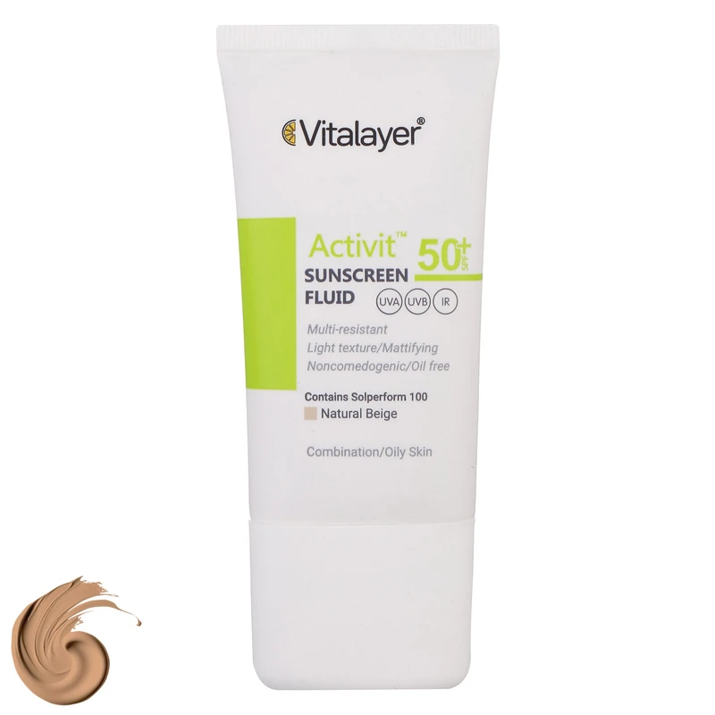 فلوئید ضدآفتاب رنگی ویتالیر SPF50 مدل Activit، مناسب پوست‌های چرب، حجم 50 میلی‌لیتر - بژ طبیعی