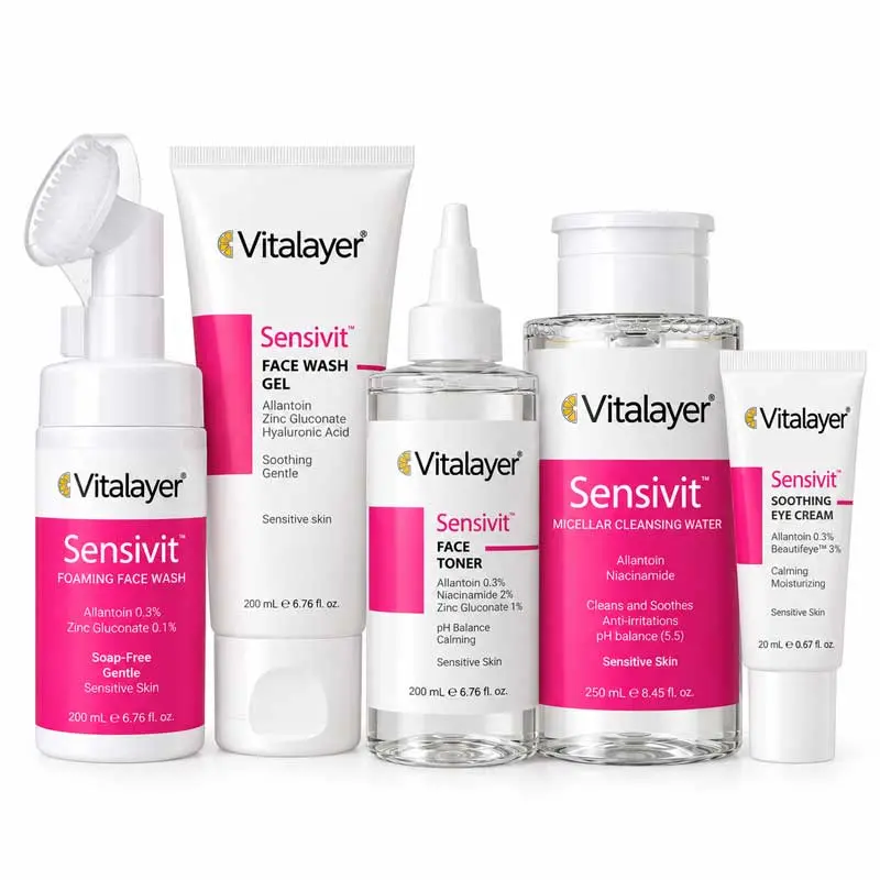 پک مراقبت پوست حساس ویتالیر مدل Sensivit شامل تونر، ژل شستشو، فوم شستشو، میسلار واتر و کرم دور چشم مجموعه 5 عددی