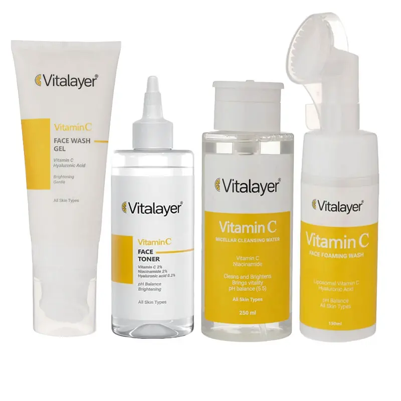 پک پاکسازی پوست ویتالیر مدل Vitamin C شامل ژل شستشو، فوم شستشو، تونر و میسلار واتر مجموعه 4 عددی