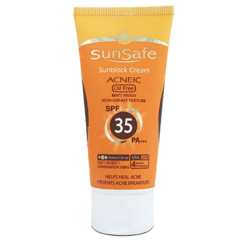 کرم ضد آفتاب سان سیف فاقد چربی مناسب پوست های چرب و آکنه ای بژ متوسط SPF35 
