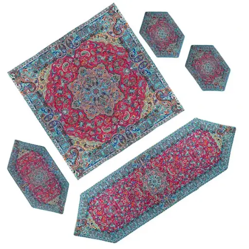 ست 5 تکه رومیزی ترمه حسینی طرح شاهکار قرمز
