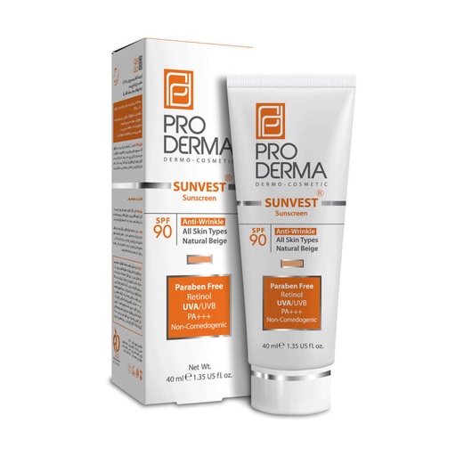 [78269] کرم ضد آفتاب و ضد چروک رنگی پرودرما SPF90 مناسب انواع‌پوست 40میل-بژ طبیعی