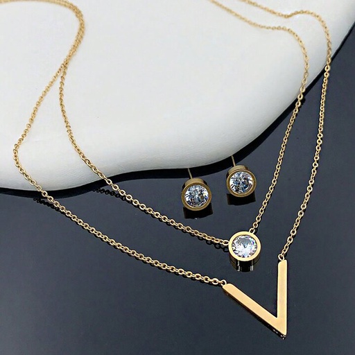 [671087] نیم ست استیل زنانه دو ردیف مدل نگین دایره کد w-se-202