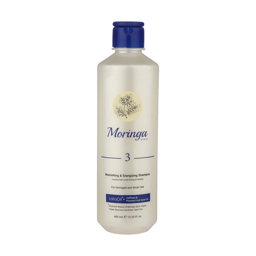 شامپو مغذی و انرژی‌بخش مورینگا اِمو مدل 3 موهای آسیب دیده و ضعیف 400 میلی لیتر