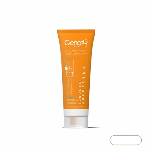 کرم ضدآفتاب بی رنگ مدل 1 ژنوبایوتیک SPF50 پوست‌های مختلط و چرب حجم 50 میل 