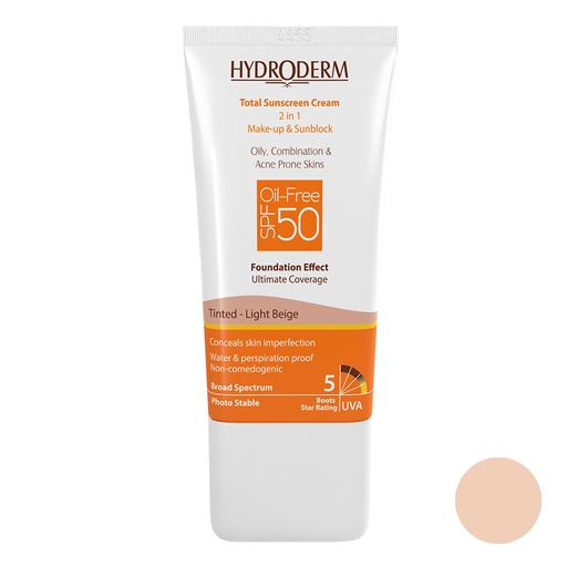[190799]  کرم ضد آفتاب رنگی هیدرودرم SPF50 پوست‌چرب و مختلط و آکنه‌ای 50میل –بژ روشن