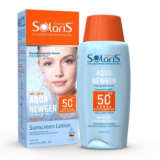 [190889] ضد آفتاب آبرسان بی‌رنگ +SPF 50 آردن سولاریس Aqua NEWGEN انواع‌پوست 100میل