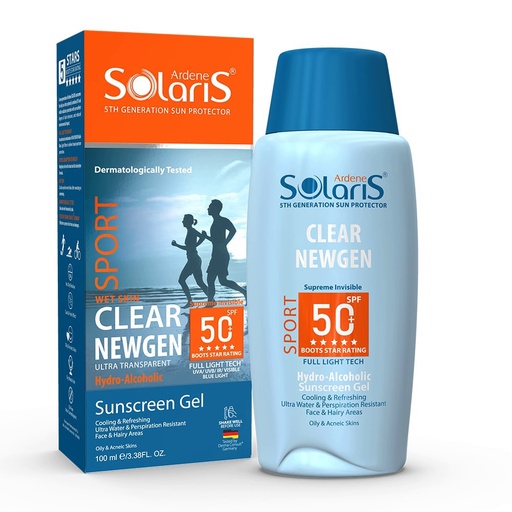 [190891] ژل ضدآفتاب بی‌رنگ SPF50 آردن سولاریس Clear Newgen پوست‌‌چرب 100میل
