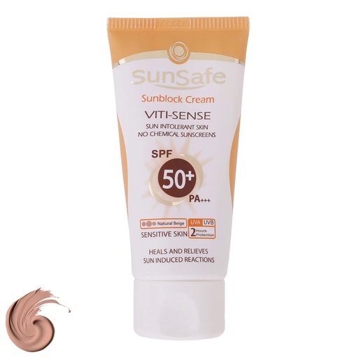کرم ضد آفتاب رنگی SPF50 فاقد جاذبهای شیمیایی سان سیف مدل Viti-Sens ‌مناسب پوست‌‌حساس 50میل-بژ طبیعی