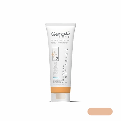 [192309] کرم ضد آفتاب رنگی ژنوبایوتیک سانوژن SPF50 مدل 2 مناسب پوست چرب و مختلط حجم 50 میل-بژ روشن