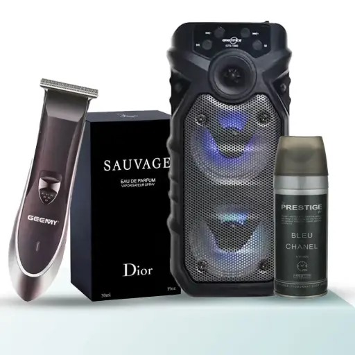 پک هدیه مردانه کد 105 - ماشین اصلاح جیمی، ادوپرفیوم نیفتی مدل ساواج، اسپیکر بلوتوثی، اسپری خوشبو کننده پرستیژ