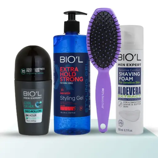 پک محصولات برند بیول کد BI-101 - رول دئودورانت، ژل مو، فوم اصلاح، برس بزرگ - مجموعه 4 عددی