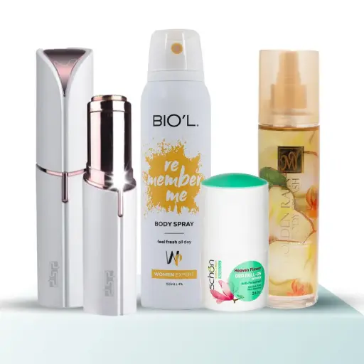 پک هدیه زنانه کد B-105 - ماشین اصلاح بانوان dsp، اسپری خوشبوکننده بیول، بادی اسپلش زنانه مای، دئودورانت زنانه شون- مجموعه 4 عددی